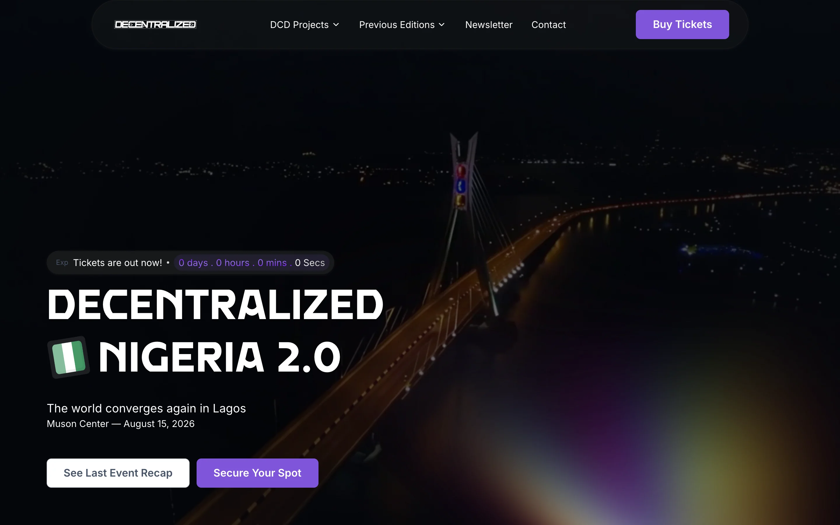 The Decentralized Nigeria 2.0 home page, over Lagos at night