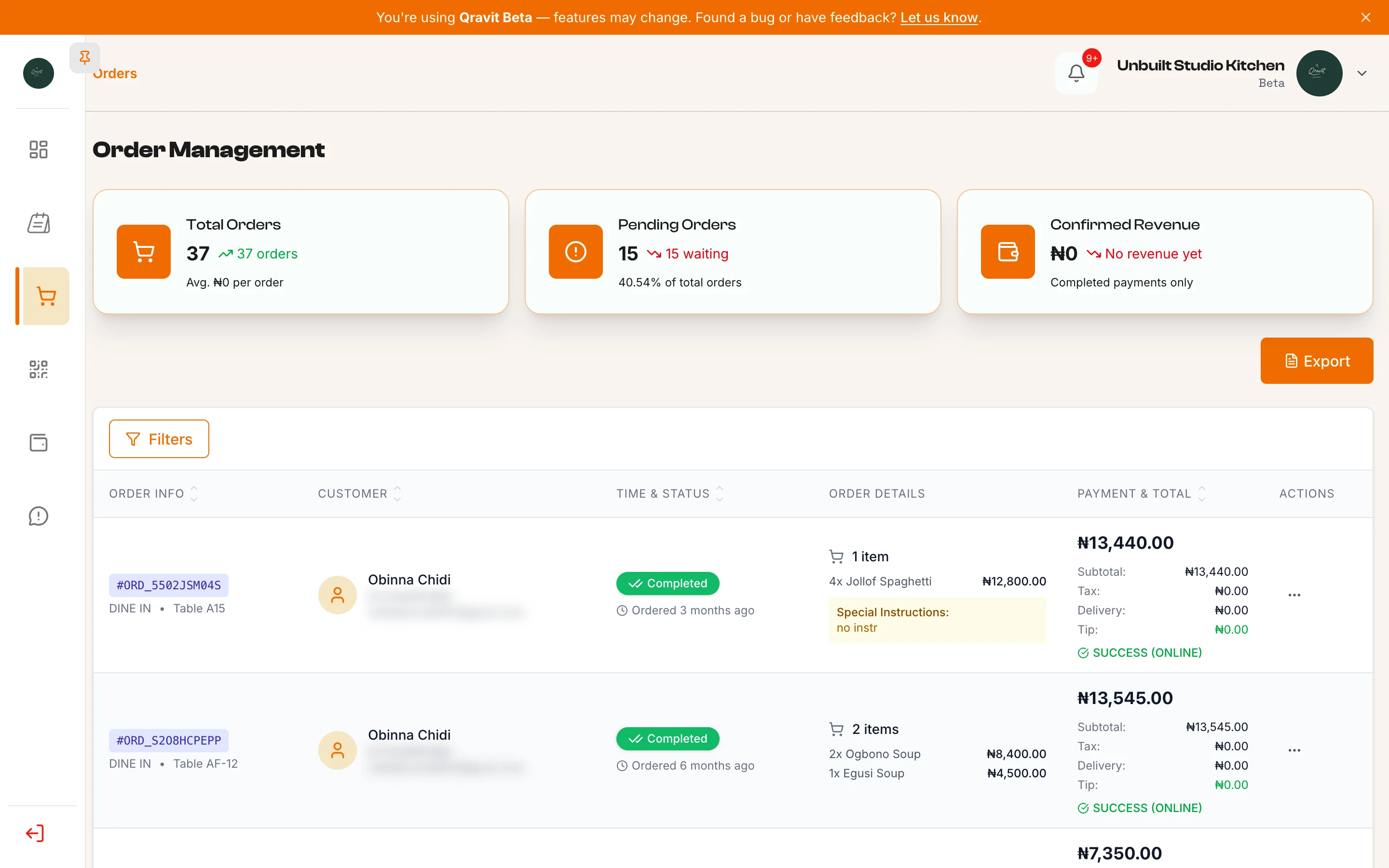 Qravit order management, showing paid orders by table with their items and totals