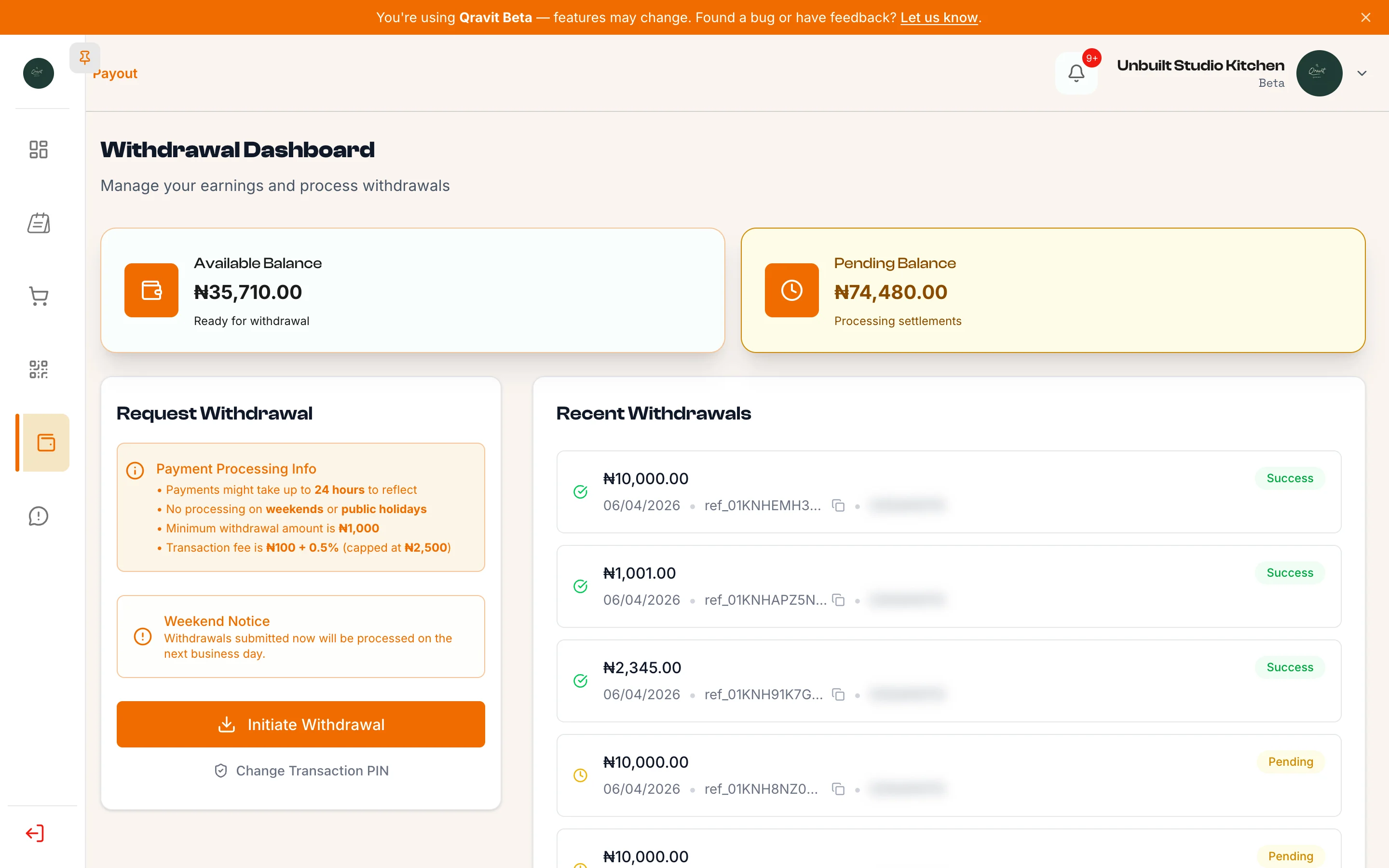 The Qravit withdrawal dashboard, with available and pending balances and recent payouts