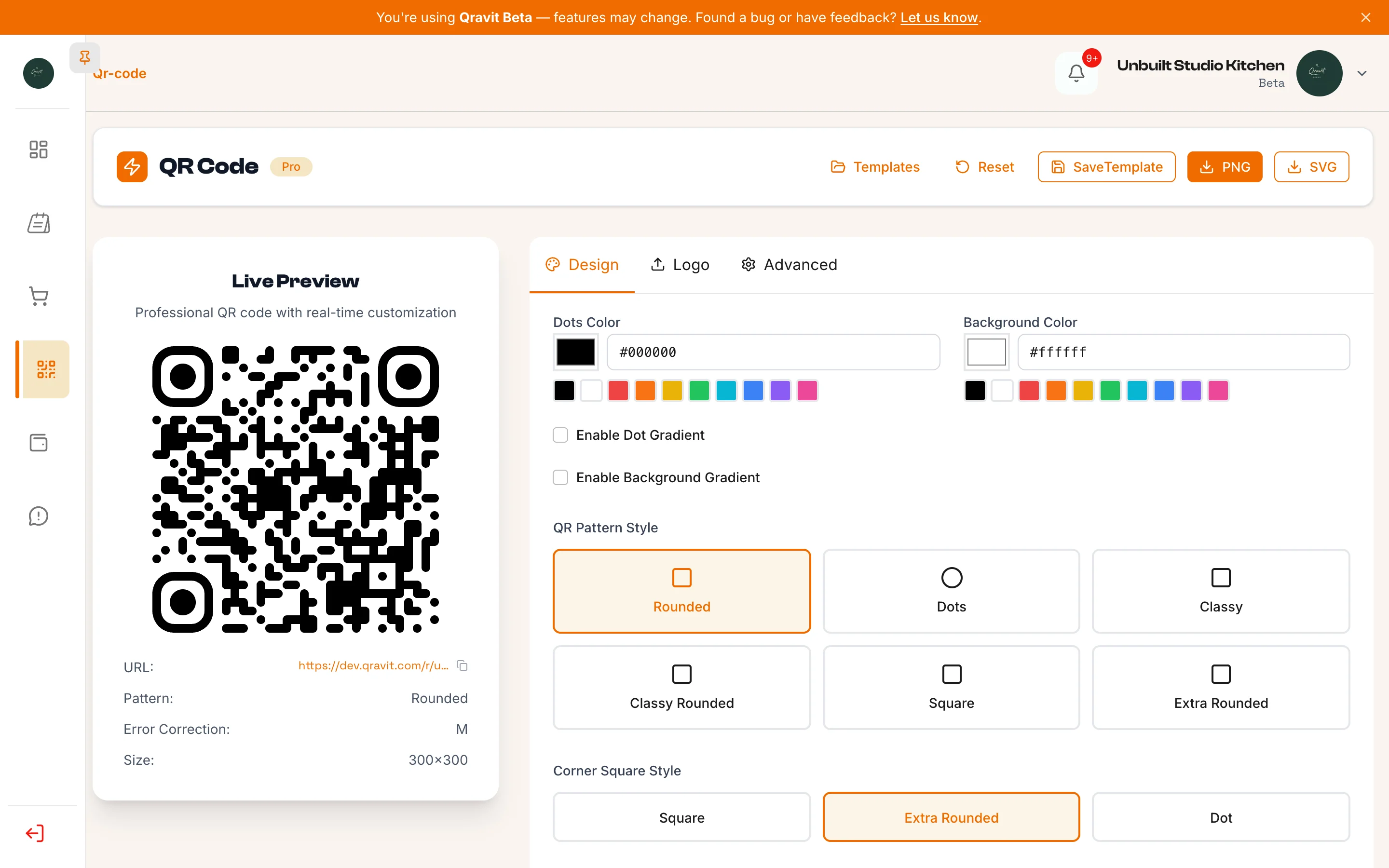 The Qravit QR designer, with live preview, pattern styles and brand colours