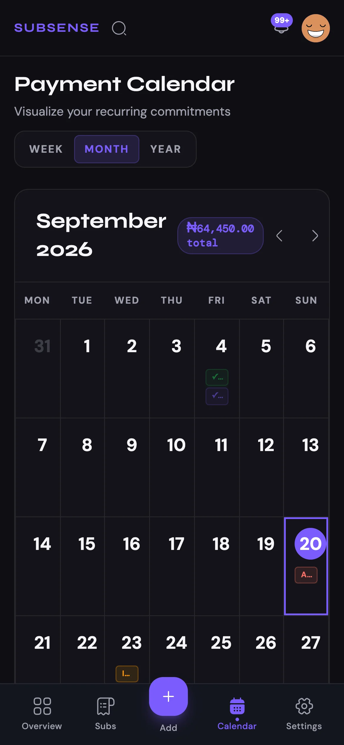 The Subsense payment calendar, with a month of recurring commitments and its total