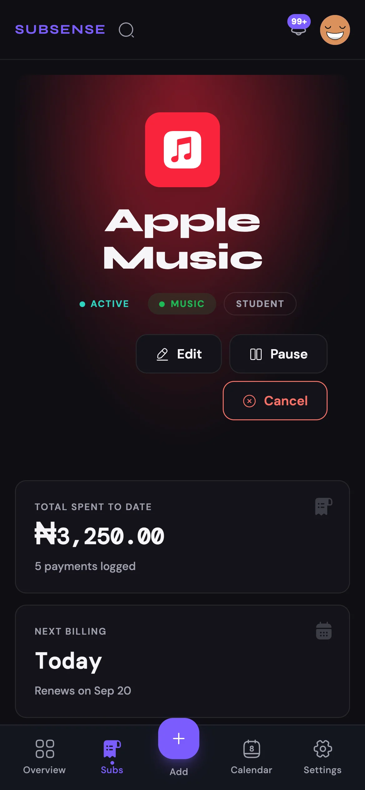 A single subscription in Subsense, with its status, category and plan