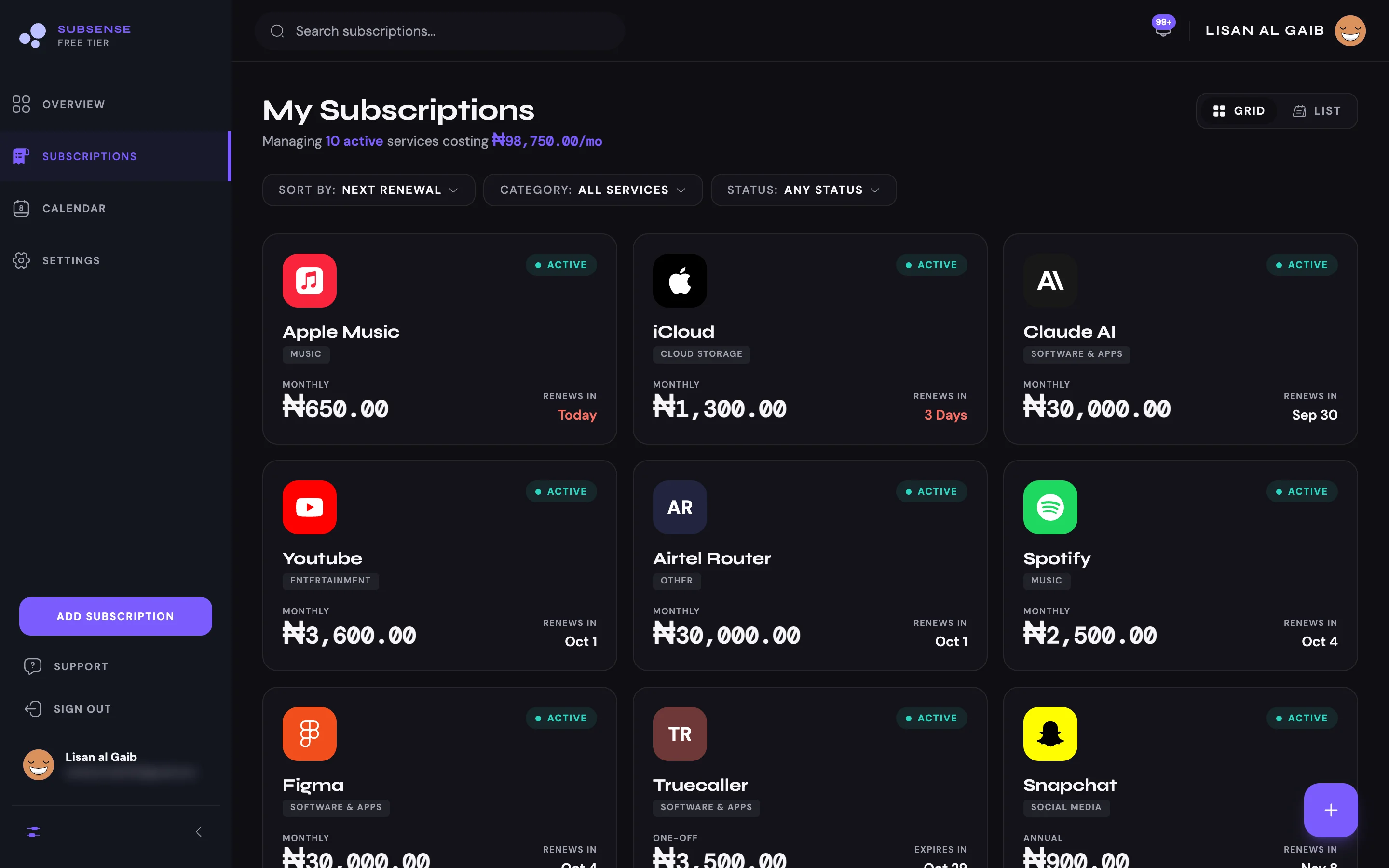 Every tracked service in Subsense, each with its cost and next renewal date