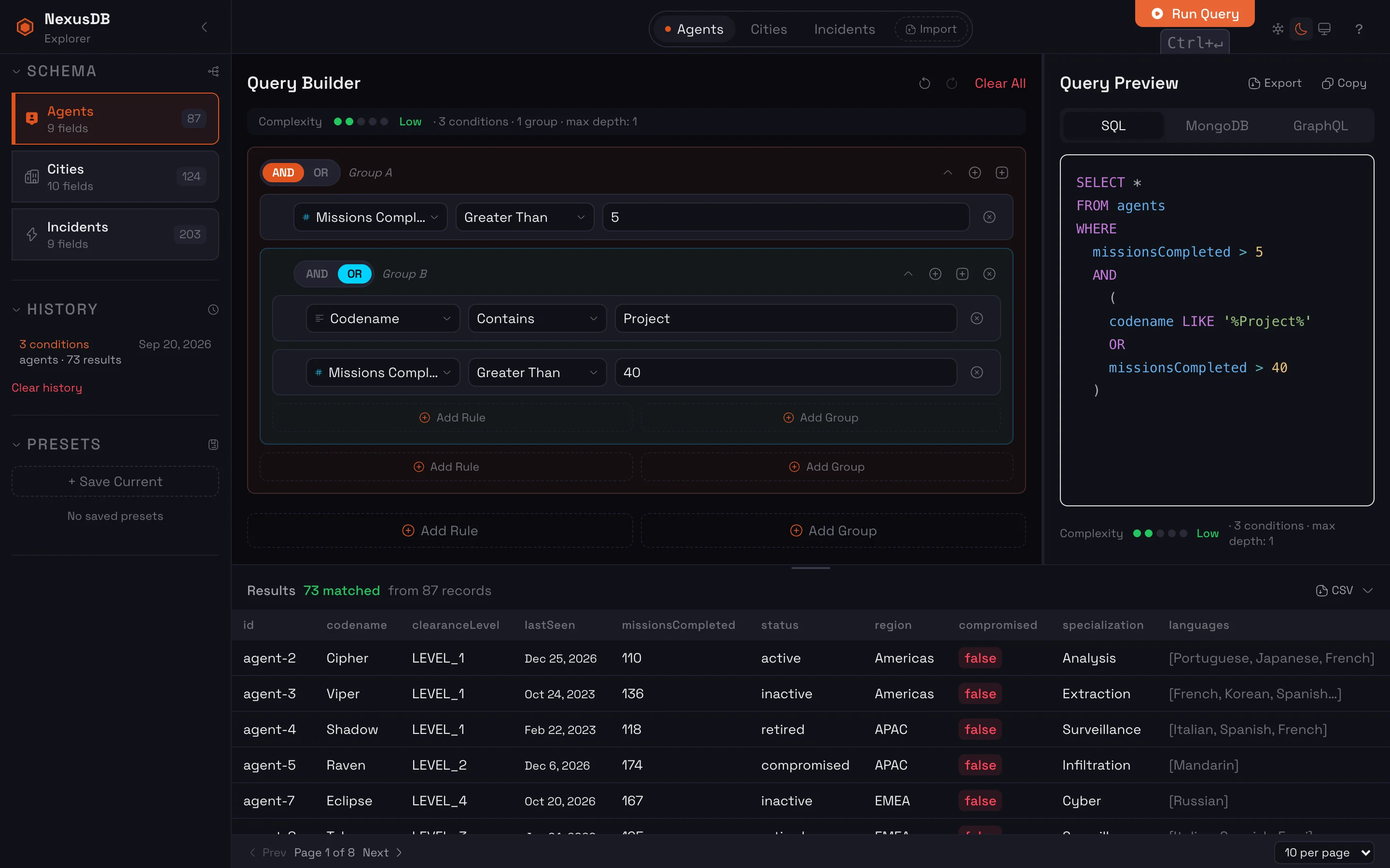 A nested filter in NexusDB Explorer, with an OR group inside an AND group and the SQL it writes