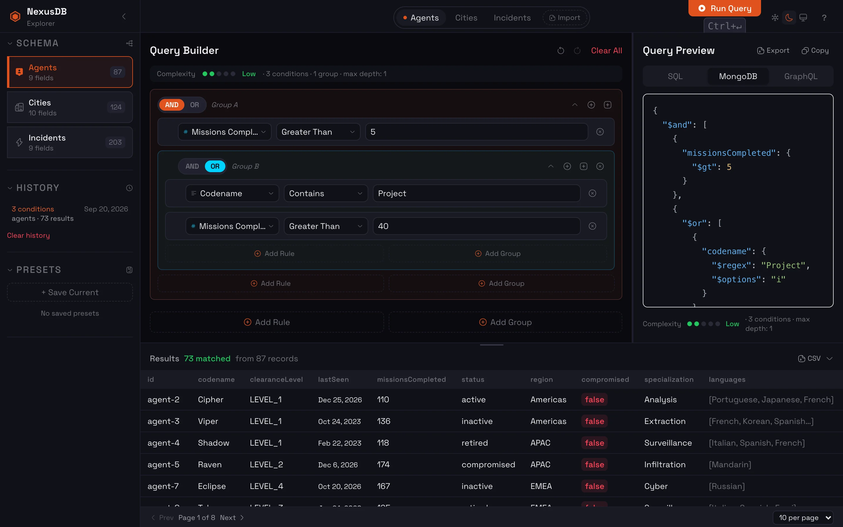 The same filter tree rendered as a MongoDB query, with nested $and, $or and $regex