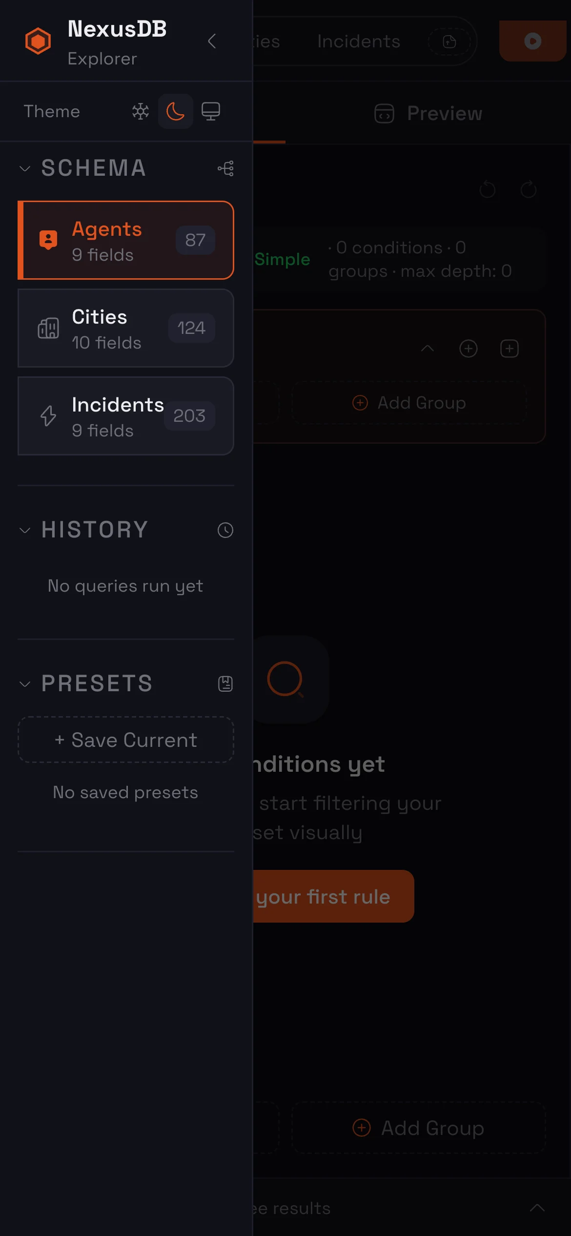 NexusDB Explorer on a phone, with the schema panel over the builder