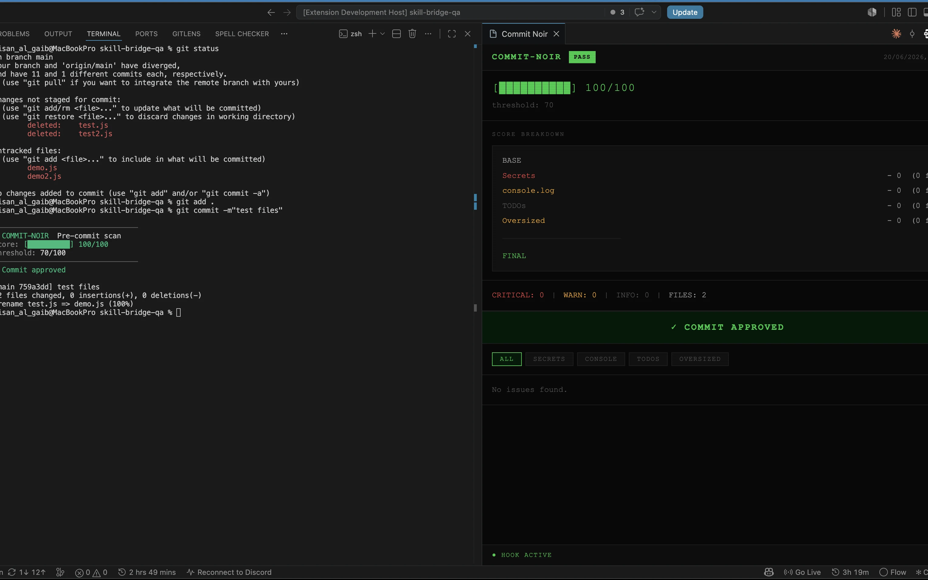 Commit Noir scoring a commit from the pre-commit hook, with its breakdown by category