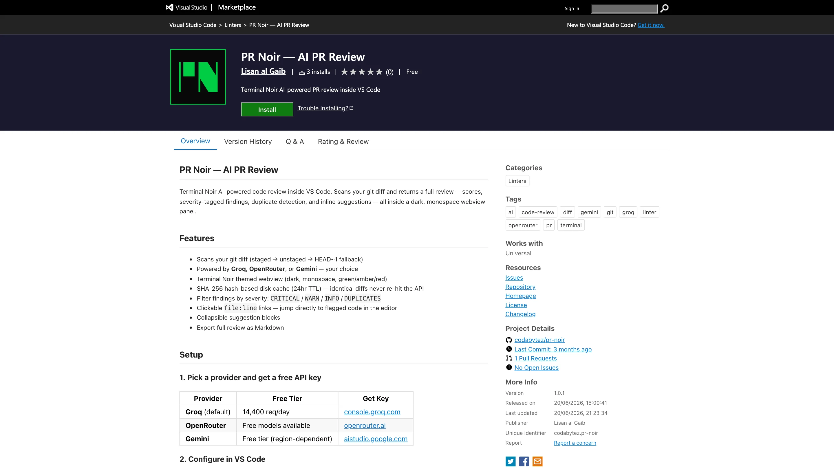 The PR Noir listing on the Visual Studio Marketplace